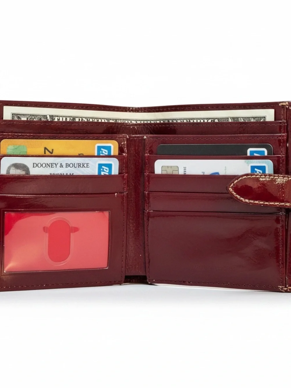 Dooney & Bourke Burgundy Patent Leather Wallet Coin Purse Bifold, EUC